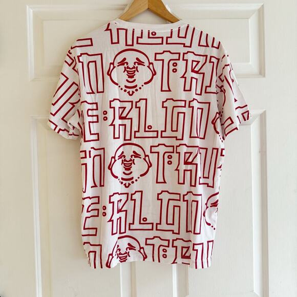 True Religion T-Shirt Mens Large White Red All Over Print Buddha Graphic Y2K - Picture 2 of 5